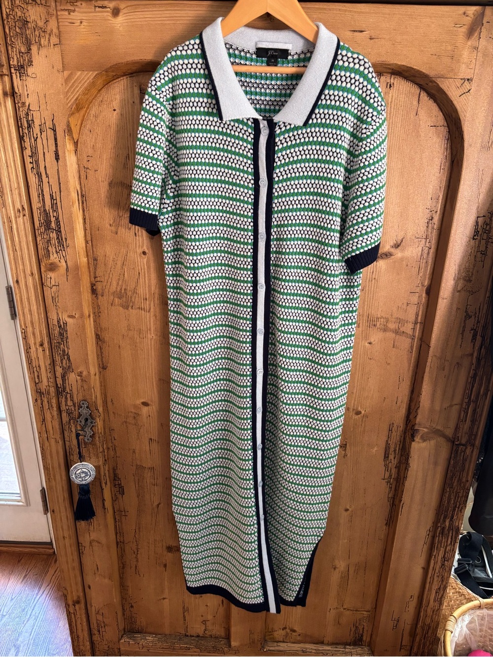 J.Crew Women’s Short Sleeve Navy Green Button Down Knit Midi Dress Size M EUC